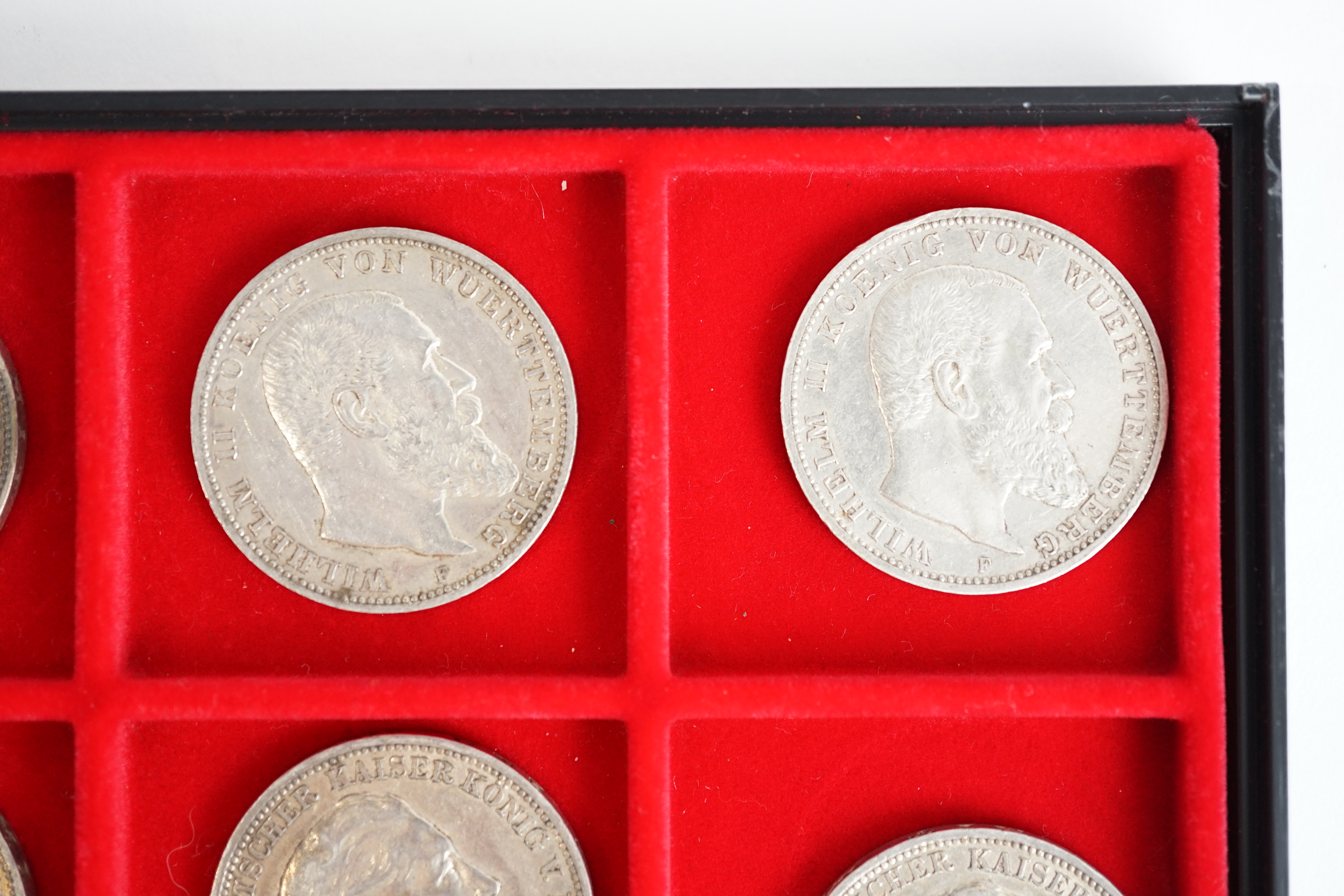 German states, silver coins, including Kingdom of Prussia, 3 mark coins, 1908A, VF, two 1909A, VF, 1910A, VF, Kingdom of Württemberg 3 mark coins, two 1912F, VF, 1914F, good VF, Grand Duchy of Baden, 3 mark, 1914G, VF, f